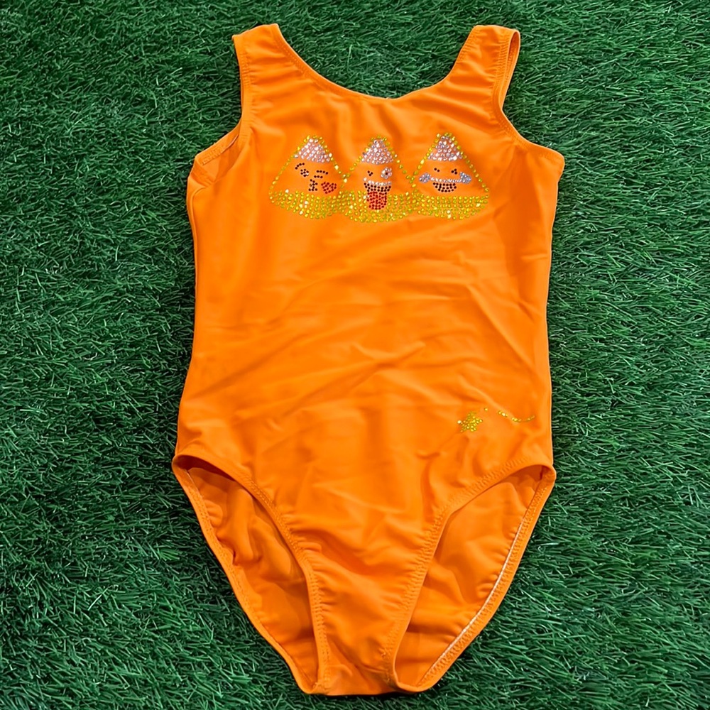 Girls' Orange Sequin Candy Corn leotard adult xsmall